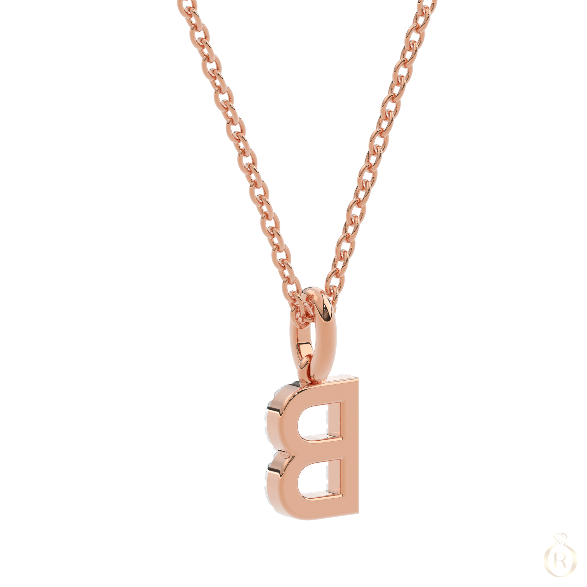 Luxuriöse Damenhalskette mit diamantbesetztem B-Pendant aus Roségold